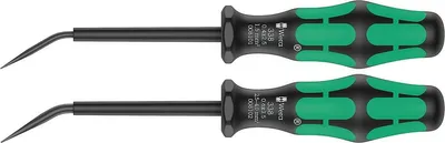 Two hook screwdrivers with black shafts and green and black handles, displayed against a white background.