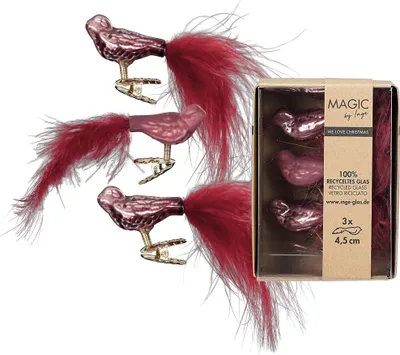 Christbaumschmuck Vögel auf Clip 4,5cm Glas 3er Set - Dusty Rose