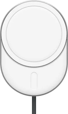 A white magnetic wireless charger with a gray border and a black cable attached.
