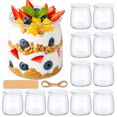 12 Dessertgläser 200 ml mit Deckel, durchsichtig, rund