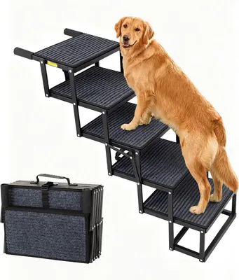 Produktbild von Hundetreppe für Autos, 5-stufige Rampe 80 cm für große Hunde mit Teppichbelag, klappbar und höhenverstellbar, geeignet für alle Fahrzeugtypen bis 100 kg