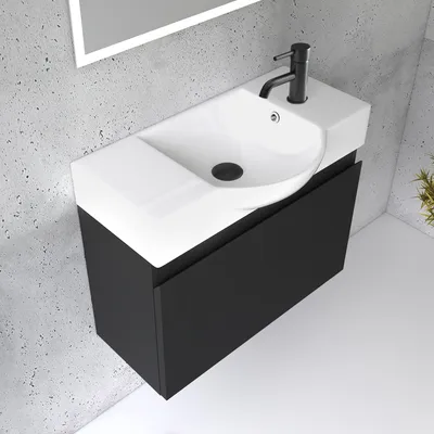 Produktbild von Alpenberger Badezimmermöbel Set | Waschbecken mit Unterschrank 55 cm Breit | Badezimmerschrank Badschrank Schmal | Badmöbel Waschtisch | Waschbeckenunterschrank Schwarz