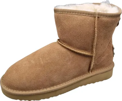 A single brown winter boot is shown against a white background.