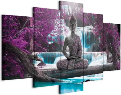 Produktbild von Italienischer Leinwand Leinwandbild - Waterfall and Buddha 225x112.5 cm Orient c-A-0021-b-o