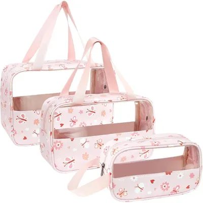 Imagen del producto de Estuche transparente de PVC para cosméticos, 3 unidades, impermeable, para mujer, estampado en rosa