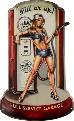 Obrázek produktu pro Moritz plechová cedule 43 x 71 cm čerpací stanice žena auto dívka benzinové čerpadlo USA Amerika dekorace kovová cedule retro vintage retro výroky vtipné