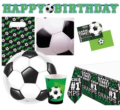 Produktbild von Amscan Fußball Partyset 50-teilig aus Papier, Teller 23 cm, Becher 250 ml, Servietten 33x33 cm