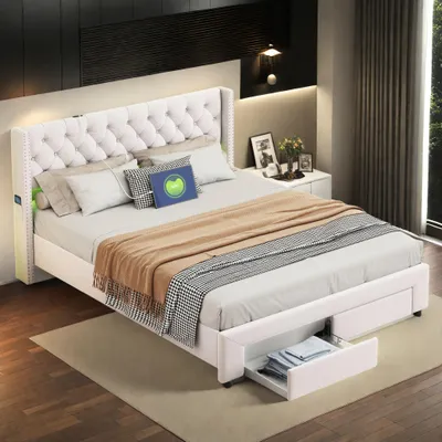 Produktbild von UnboxG Polsterbett 140 x 190 cm mit LED-Beleuchtung, USB-Anschluss & 2 Schubladen – Samt, Beige, Doppelbett mit Stauraum & Seitentaschen