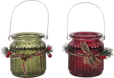 Produktbild von Windlicht mit Weihnachtsschmuck Glas Ø 8 x 9 cm rot grün 2-fach sortiert