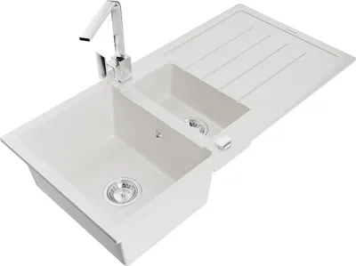 Produktbild von Mexen Andres 1,5-Becken-Granitspüle mit Abtropffläche und Mischbatterie Rita, Weiß - 6515-20-670300-00