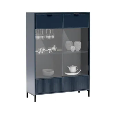 Produktbild von Vitrine LINNA LS-8 – Standvitrine Geriffelte mit LED-Beleuchtung & Weinglashalter, Farbe: Indigo