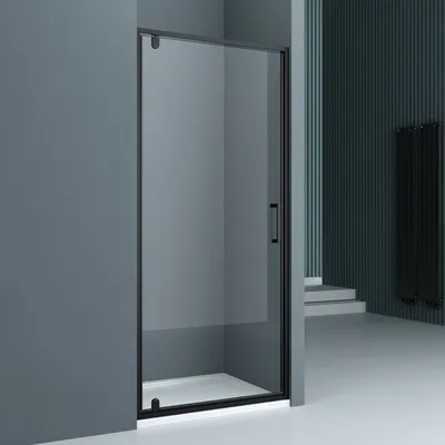A modern bathroom with a black-framed glass shower door.
