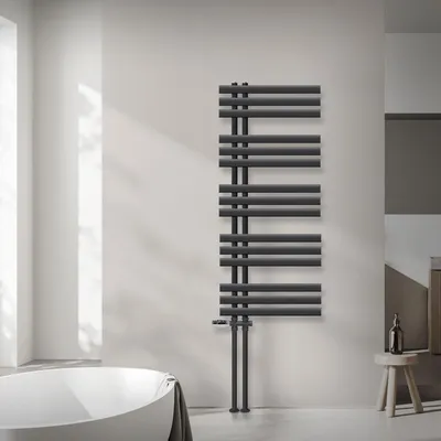 Produktbild von LuxeBath Design Badheizkörper, 500x1200 mm, Anthrazit, Anschlussgarnitur Thermostat Durchgang Bodenanschluss, ohne Heizstab