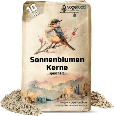 A bag of shelled sunflower seeds for birds, with a watercolor illustration of a bird and a landscape.