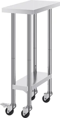 Image de SucceBuy Table de travail en acier inoxydable, 61 x 30 x 96,5 cm, capacité de charge de 227 kg, 4 roues, 3 niveaux de hauteur réglables, table de préparation alimentaire robuste pour les restaurants, argentée