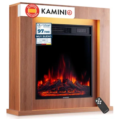 Imagen del producto de KAMINIO Chimenea eléctrica MATTI: Chimenea eléctrica de pie con calefacción, efecto de llama 3D, luz ambiental LED y control remoto. 32 pulgadas, roble