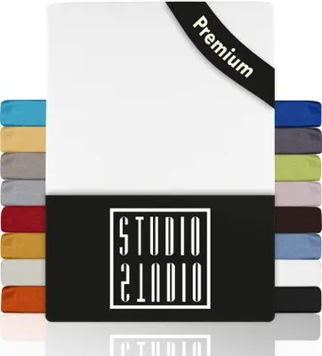 Produktbild von STUDIO Premium Spannbettlaken 90x200cm - 100x220cm, 170g/m² gekämmte Baumwolle mit 3% Elasthan, 100, Bettlaken auch für hohe Matratzen, Boxspringbetten und Wasserbetten bis 35cm - Weiß