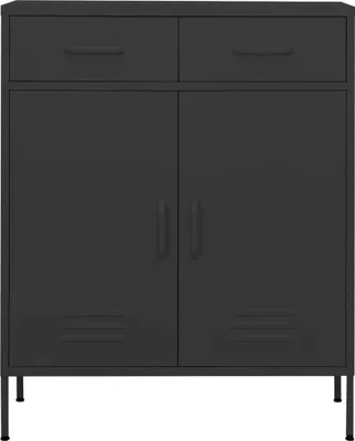 A front view of a black metal storage cabinet with two drawers and two doors, set against a white background.