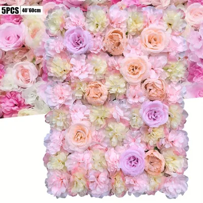 Produktbild von Künstliche Blumenwand - Wandpaneel Set 5 Stück - Seidenblumen mit Dahlien & Pfingstrosen, 40x60 cm, Hochzeit, Valentinstag, Wohn Deko, indoor - Hellrosa/Hellgelb