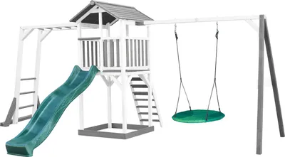 Image de AXI Beach Tower Tour de jeux en bois blanc & gris | Maison de jeux pour enfants avec toboggan vert, portique d'escalade, balançoire nid d'abeille et bac à sable | Maison sur pilotis