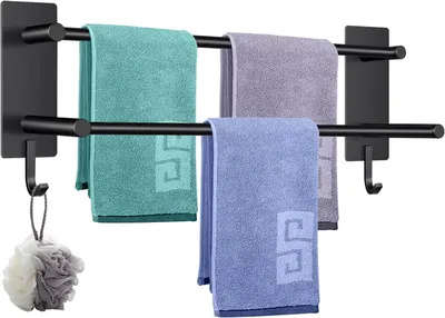 Obrázok produktu pre Držiak na uteráky - Držiak na uteráky (tyč) - Organizácia do kúpeľne - Bez vŕtania - 40 cm - Čierna farba