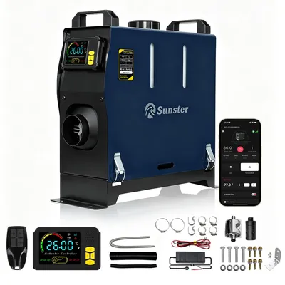 Zdjęcie produktu dla 2 kW, ogrzewanie postojowe, dieselowy podgrzewacz powietrza 12V-24V-240V, wszystko w jednym, z aplikacją Bluetooth, wyświetlacz LCD i pilot zdalnego sterowania, przeznaczony do kamperów, samochodów dostawczych, ciężarówek