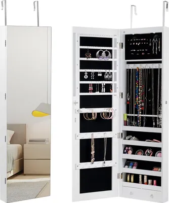 Produktbild von COSTWAY Skrinka na šperky s LED osvetlením, závesná polica na šperky so zrkadlom, uzamykateľná na kľúče, výška 120 cm