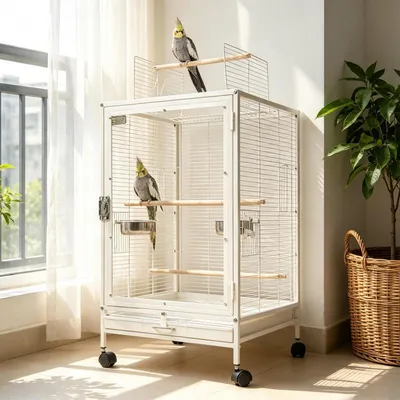 Image de Cage à oiseaux avec toit ouvert, modèle B, blanche, dimensions 46x46x77 cm
