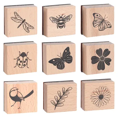 Productafbeelding van Vintage Houten Stempelset, 9 stuks, Natuurlijke Plantenpatronen