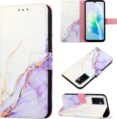 Produktbild von VIVO S10E 5G Hülle, Marmor Motiv Kunstleder Tasche Wallet Kartenfächer mit Standfunktion Klapp Schutzhülle für VIVO S10E 5G / V23E 4 5G / Y75 4G Weiß Lila