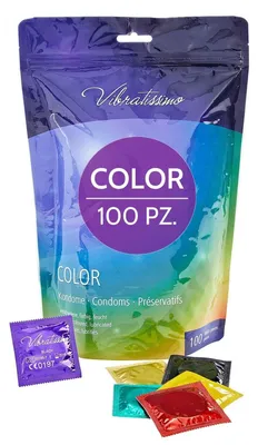 Immagine prodotto di VIBRATISSIMO Preservativi Colorati Confezione da 100 | Ultra Sensibili e Extra Umidi | per Uomini | Pacco di Colorati in rosso, nero, verde, giallo, oro