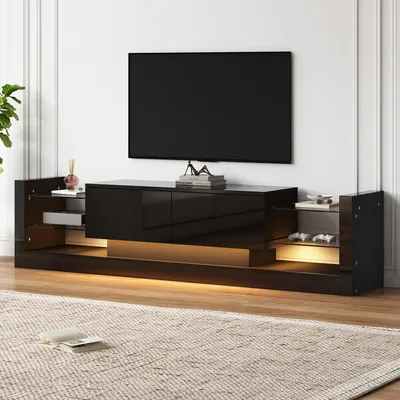 Obrázek produktu pro TV skříňka Sweiko ve vysokém lesku s LED osvětlením, 181 cm - Pro televizory do 80 palců, skleněná přední část, dvě výklopné zásuvky