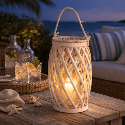 Produktbild von Windlicht Laterne Rattan Teelichthalter Kerzenhalter Deko Glaslaterne Holz Hoch