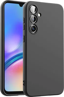 A black smartphone case is shown next to a smartphone.