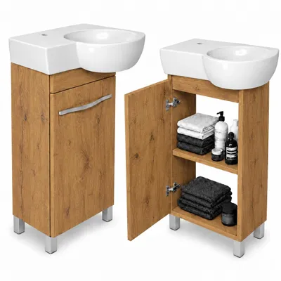 Produktbild von Waschtischunterschrank 50 cm stehend mit Waschbecken Eiche Lancelot / Schmal Soft-Close, Türanschlag links/rechts, verstellbare Ablage, Metallfüße, WC