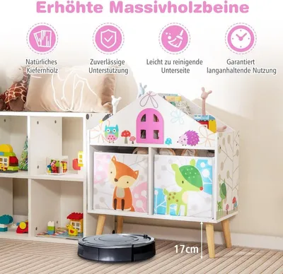 Obrázek produktu pro Knihovna ve tvaru dětského domečku Dřevěná police na knihy pro panenky se 2 úložnými boxy Barevné 62 x 30 x 72 cm