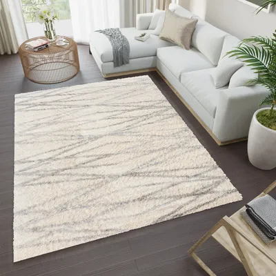 Produktbild von Teppich Wohnzimmer Schlafzimmer Meliert Modern Design Shaggy Hochflor Langflor Creme Grau  80 x 150 cm