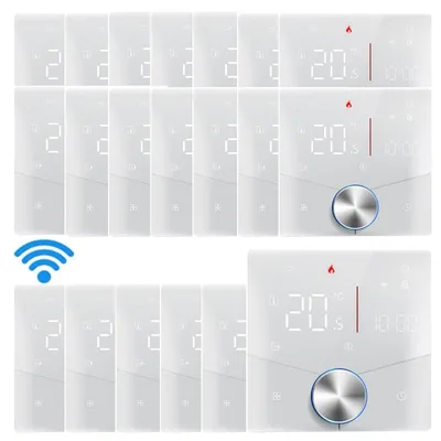 Produktbild von 20X Smart Tuya WiFi-Thermostat, Digital LED Raumthermostat Sprachsteuerung Wandthermostat fuer 3A Kesselheizung Fussbodenheizung mit dimmbarer Lichtfarbe programmierbarer kompatibel mit Tmall Genie, Amazon Google Home,Weiss