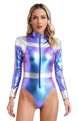 Produktbild von Damen Raumfahrer-Body – Gr. S - Astronauten Glänzender Einteiler mit Reißverschluss | Glänzend & Dehnbar Für Faschings, Party & Karnevalskostüm