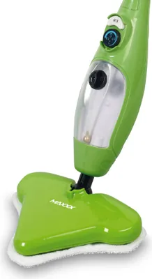 A close-up studio shot of a green steam mop.