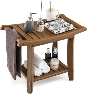 Produktbild von GOPLUS Duschbank mit Ablage, Duschhocker für Beinrasur & Sauna, Duschsitz für Senioren & Erwachsene, Tragfähigkeit bis zu 150 kg (Braun)