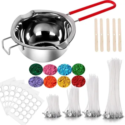 Produktbild von Kerzen Selber Machen Set mit Edelstahl Schmelztopf, 150 Baumwoll-Kerzendochte, 8 Farbblöcke, 160 Dochtaufkleber, 5 Dochthalter