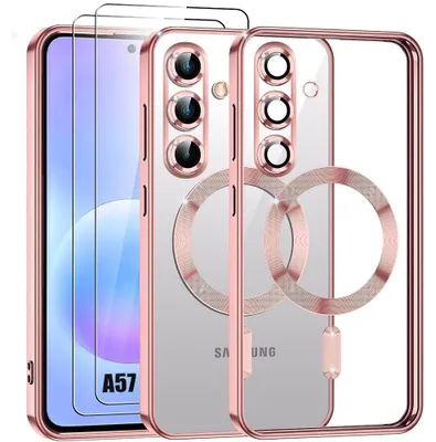 Image de Coque + 2 Verres Trempés pour Samsung Galaxy A57 5G, Protection Contour Rose avec Cercle Magnétique