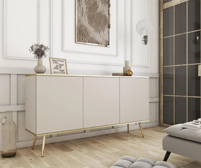 Produktbild von 3-türig Kommode Glow im glamour Stil Schrank mit Regalen 160 cm Breit modern Sideboard mit goldenen Zusätzen, Farbe: Beige, Gold
