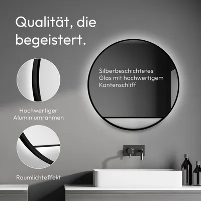 Image de Miroir de salle de bain avec éclairage Talos Black Hole Light Matt Ø 60 cm miroir mural - miroir éclairé avec lumière blanche neutre - cadre en aluminium noir mat de haute qualité - miroir de salle de bain