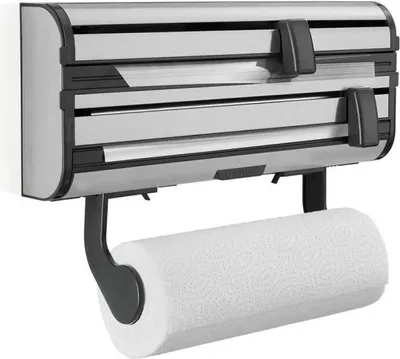 A wall-mounted dispenser for kitchen rolls and foil/cling film.