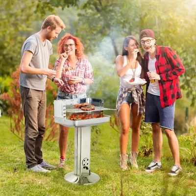 Immagine prodotto di Barbecue a carbonella in acciaio inox - Barbecue a colonna - Resistente alle intemperie - Griglia cromata regolabile in altezza - Vano cenere - Regolatore di ventilazione - Bianco
