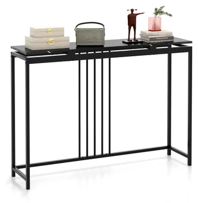 Produktbild von Konsolentisch schwarz, Eingangstisch aus Holz mit Marmoroptik, Beistelltisch mit schwarzem Metallgestell, moderner Flurtisch, 120 x 30 x 90 cm