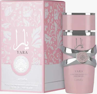 A pink perfume bottle and its packaging are displayed against a white background.