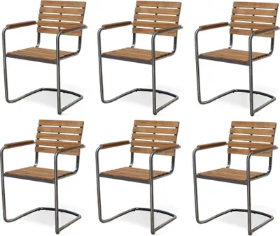 Produktbild von ALEOS. 6 Stück Freischwinger Schwingstuhl Gartenstuhl mit Armlehne Edelstahl gebürstet A-Grade Teakholz stapelbar NASSAU-SWING Teak Gartensessel Stapelstuhl Stapelsessel Sessel robust Gastroqualität